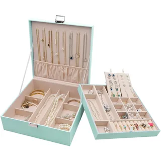 ProCase Schmuckschatulle Damen Leder, Schmuckkästchen mit 2 Ebenen Schmuckkasten Schmuckkoffer Schmuckaufbewahrung Schmuckbox Jewelry Box für Ringe, Ohrringe, Halsketten, Armbänder -Mint