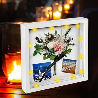 3D Bilderrahmen 20x20 cm Bilderrahmen tief mit LED Lichterkette ,Holzobjekt Rahmen zum 3D Füllen Bilderrahmen Tiefe Box mit Glasscheibe für Wandbehang oder Desktop Familienerinnerungsgeschenke