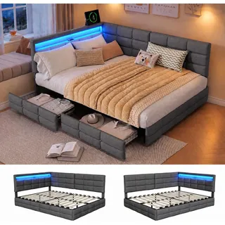Polsterbett Schlafsofa 140x200 cm,Jugendbett 140x200 mit LED und USB Ladestation,Daybett Tagesbett mit 2 Schubladen,Kinderbett Sofabett Gästebett Bettgestell mit Lattenrost,Leinen,Ohne Matratze