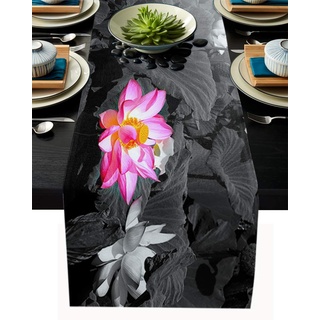 Tischläufer aus Leinen, 33 x 308 cm, natürliche schwarze und weiße Blumen und rosa Lotus, Bauernhaus-Tischläufer für Feiertage, Esszimmer, Küche, Hochzeitsdekorationen