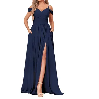 SAYNO Off Shoulder Brautjungfernkleid für Hochzeit Chiffon V-Ausschnitt Ballkleid Partykleid mit Taschen, Dunkelblau, 42 - 42