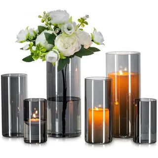 LuxusKollektion Tischvase Glasvase Zylinder Vase Grau 6 Stück Set Wohnzimmer Deko Glaszylinder