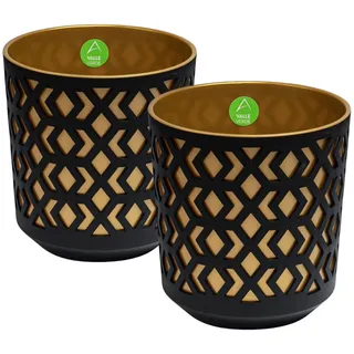 Valle Verde 2er Set Blumentopf Pflanzentopf Kräutertopf Deko Blumenkübel Pflanzgefäß Geometrisches Muster Rund Kunststoff (Ø 25,4 cm Schwarz-Gold)