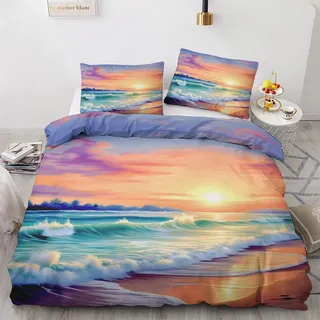 GEDAEUBA Winter Bettwäsche 155x220 Sonnenuntergang - Strand Meer Bettbezug 155x220 3 teilig, Wendebettwäsche und Kissenbezug 80x80, Weiche & Angenehme Mikrofaser Bettwäsche-Sets mit Reißverschluss