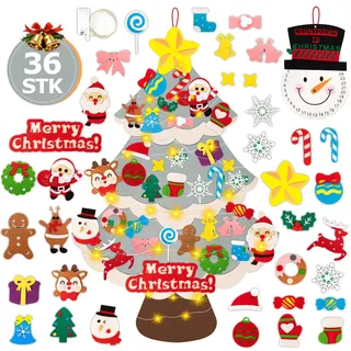 Lanpn DIY Filz Weihnachtsbaum für Kinder mit Lichtern und Schneemann Kalender, 36 Stück Abnehmbaren Xmas Ornamente, Weihnachten handgefertigt Weihnachtsbaum für Fenster Wand Deko