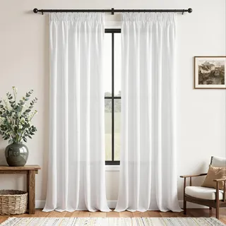 CUTEWIND Weiße Gardinen Leinen Gardinen Schlafzimmer Landhaus Gardine 2er Set 260 cm Höhe 140 cm Breite, Vorhang Leinenoptik Weiß Halbtransparent mit Kräuselband Schiene Wohnzimmer Fenster
