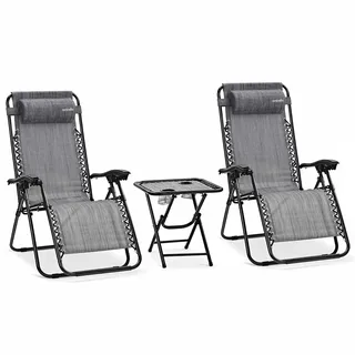 SereneLife Sonnenliege Klappbar 2er Set mit Tisch, Zero Gravity Liegestuhl Garten, bis 120 kg Grau, Verstellbar und Wetterfest, mit Getränkehalter und Kopfkissen, für Balkon Strand Camping