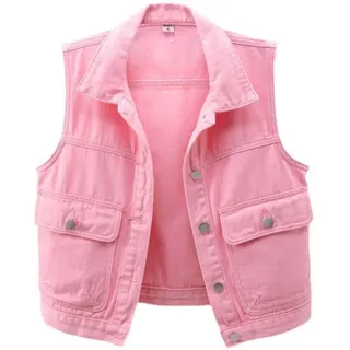 ZISTRCBAO Lässige Ärmellose Jeansweste Für Damen – Verkürzte Jeansweste, Schmal Geschnittene Weste Mit Großen Taschen, Damen-Jeansweste Für Frühling Und Herbst, Rosa Oberteil, Pink, S - S