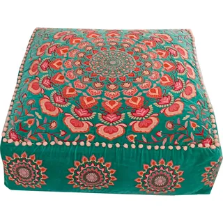 Mandala Life ART Türkis Pouf Ottomane Bezug mit Samtstickerei – weicher, bestickter Bodenkissen mit marokkanischem Design, 60cm Durchmesser, ideal für Wohnzimmer, Schlafzimmer oder Meditationsraum