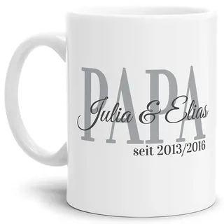 Tasse - Papa seit - zum selbst Gestalten mit Kindernamen und Geburtsjahren - Geschenk für den besten Papa - Keramiktasse, Weiß Matt, 300 ml