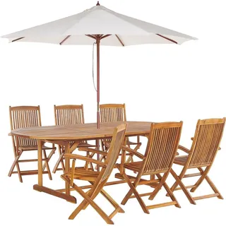 Beliani Gartenmöbel Set mit Sonnenschirm Hellbraun 6-Sitzer 6-teilig Ausziehbarer Tisch Outdoor Garten Terrasse Balkon Ausstattung Möbel - Hellbraun/Beige