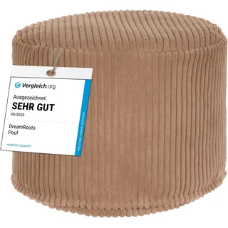 DreamRoots Runder Cord Pouf Hocker 380 g/m2 als Bequemer Bodenstuhl und Vielseitiges Sitzkissen Boden für Wohnzimmer Schlafzimmer oder Homeoffice 50x50x35 cm Brown Bear