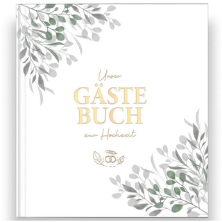 LEAF & GOLD Notizbuch Gästebuch Hochzeit, Greenery Design, Edles Hochzeitsgästebuch mit Fragen, Gästebuch zum grün