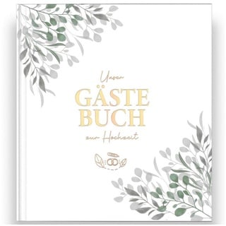 LEAF & GOLD Notizbuch Gästebuch Hochzeit, Greenery Design, Edles Hochzeitsgästebuch mit Fragen, Gästebuch zum grün
