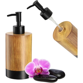 KADAX Seifenspender, 350 ml Handseifenspender in Holzoptik, Seifendosierer aus Kunststoff, Pumpspender für Badezimmer und WC, Flüssigseifenspender (Holz-Schwarz)