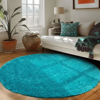 Carpettex Shaggy-Teppich, Hochflor, Wohnzimmer, Florhöhe 3 cm, einfarbig, Türkis, 80 x 80 cm, rund