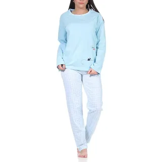 RELAX by Normann Damen Langarm Schlafanzug Pyjama mit süssen Katzen Motiv Karo Blau 44-46