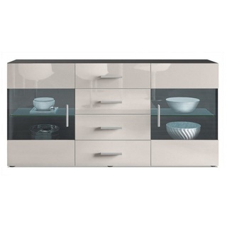 Vladon Sideboard Bari (Kommode mit 2 Türen, 4 Schubladen und 2 flexible Glaseinlegeböden), Schwarz matt/Sandgrau Hochglanz (139 x 72 x 35) grau