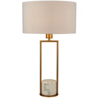 Licht-Erlebnisse Tischleuchte groß 62 cm hoch Marmor Metall Stoff E27 in Gold Weiß Wohnzimmer Tischlampe Schlafzimmer Nachttischlampe