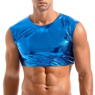 Amy Coulee Herren Glitter Metallic Bauchfreies Crop Top | Glänzend, Shiny, Tank Top, Cropped Shirt, Rave, Festival, Party, Disco, Club, Sexy, Eng, Ärmellose, Rundkragen - XL