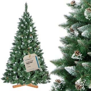 FairyTrees Weihnachtsbaum künstlich 220cm Kiefer mit Christbaum Holzständer | Tannenbaum künstlich mit Natur-Weiss beschneit | Made in EU