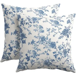 Kawani Blaue Blumen-Kissenbezüge, 45,7 x 45,7 cm, 2 Stück, blaue und cremefarbene Chinoiserie, dekorative Dekokissen, Vintage-Stil, rustikale Toile-Kissenbezüge für Couch, Heimdekoration