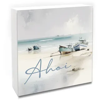 Interluxe Holzblock - Ahoi Holzbild mit Boot Maritim - Dekobild aus Holz mit Anker Schild als Holzaufsteller Meer Küste Strand Urlaub