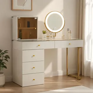 Schminktisch-Set mit LED-beleuchtetem Spiegel, transparenter Tischplatte aus gehärtetem Glas, Schminktisch-Seite und Schrank, elegante Möbel, wei...