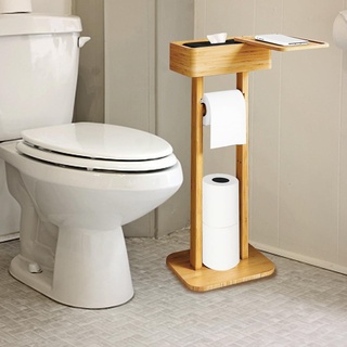 Toilettenpapierhalterständer Freistehender Toilettenpapierhalter mit oberem Ablagefach WC Papier Halterung Klopapierhalter Stehend aus Bambus für 3 Papierrollen, Badezimmerzubehör 25 x 20 x 64.5CM