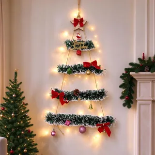 Weihnachtsbaum Leiter Lichterkette mit Lametta Girlande Wanddeko (B) | LED Weihnachtsbeleuchtung Lametta Girlande Weihnachten mit LED Lichterkette Weihnachtsdeko Lichterkette für Innen Außen
