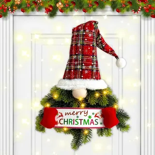 Türkranz Weihnachten, Weihnachtskranz Tür mit LED Licht Beleuchtung Weihnachtsdeko Türkranz mit Wicthel Weihnachtskränze mit Puppen Batteriebetrieben weihnachtskranz für Wand Tür (A)
