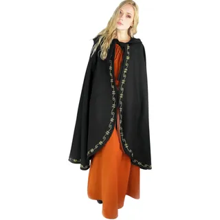 Leonardo Carbone® Mittelalter Wollumhang Ásidís Mit Handstickerei - Mittelalter Kleidung, Cape Damen, Hobbit Kostüm, LARP-Kleidung, Wikinger, Cosplay, Halloween, Karneval Schwarz