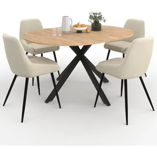 IDMarket - Set ausziehbarer runder Esstisch ALIX aus Holz und Schwarz 110-150 cm und 4 Stühle THALYA Samt beige