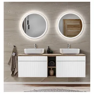 Lomadox Badezimmer Waschplatz weiß matt Vintage Eiche Doppelwaschbecken Unterschrank, 2 led Spiegel, b/h/t: ca. 140,4/200/46 cm