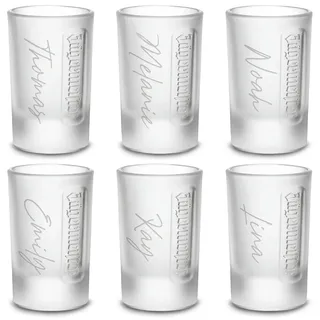 GRAVURZEILE Gravierte Original Jägermeister Shotgläser - Personalisiert mit Name - Schnapsgläser für Jägermeister - Robustes Milchglas - Bar & Party Geschenkidee im 6er Set - 2 cl