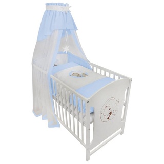 Babyhafen Komplettbett 60 × 120 cm Babybett Teddy auf dem Mond Gitterbett Kinderbett, inkl. Matratze, Himmel, Nestchen & Bettwäsche blau