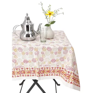 GURU SHOP Handbedruckte Tischdecke, Tischläufer Blockdruck, Boho Tischdecke 140x200 cm - Modell 7, Creme-weiß, Baumwolle, Tischläufer, Tischdecken