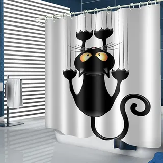 Schwarzer Lustiger Katzen-duschvorhang Zum Selbermachen Mit Haken, 180 X 200 Cm