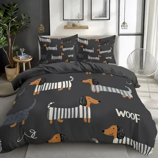 CozyRest Bettwäsche Bettbezug 155 x 220 cm 3 teilig Dackel Anthrazitgrau Bettwäsche-Sets Mikrofaser Bettbezug mit Kissenbezug 80x80cm Atmungsaktiv Weich