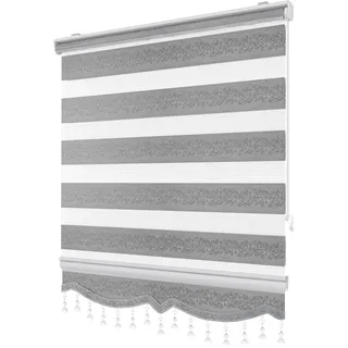 PlisseeOnline Doppelrollo Klemmfix ohne Bohren Grau Silber mit Muster und Perlen Duo Rollo für Fenster und Türen Plissee Rollo Gardine 70 x 200 cm Blickdicht Klemmrollo mit Perlen Seitenzugrollo