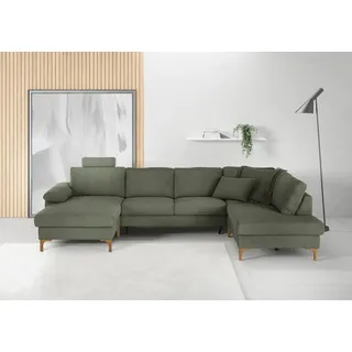 Candy Wohnlandschaft 3C CANDY "Lecce, wahlweise PUR-Schaumstoff oder Tonnentaschenfederkern U-Form", grün (oliv), B:339cm H:86cm T:220cm, 95% Polyester, 5% Nylon, Sofas, Wohnlandschaft, Bettkasten in Umbauecke und Longchair, sowie Querschläfer im 2-Sitzer
