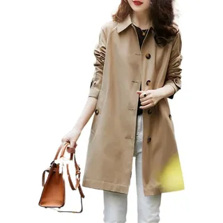 Mittellanger Trenchcoat for Damen, kariertes Futter, Frühling und Herbst, lockerer, einreihiger, einfarbiger Trenchcoat (Color : Khaki, Size : M 45-50kg)