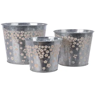Topf Blumentopf Pflanztopf Übertopf Zinktopf Rund Rosa Blüten 3er Set | dia14x14cm, dia12x12cm, dia10x10cm