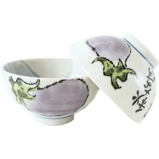 Mino ware Eierpflanze, japanische Keramik, Reisschalen, Gemüsemuster, hergestellt in Japan, 2 Stück FTC202