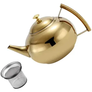 Edelstahl Teekanne 2l mit Griff, Gold, Hitzebeständig | Integrierter Filterbecher, für Tee Zubereitung, 2 Liter Volumen, Dekoratives Design