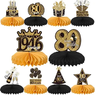 10 Stück 80th Geburtstag Tischdeko Vintage 1946 Schwarz Gold Tischdeko Eighty Hello 80 Wabe Dekorationen für Männer Frauen 80. Geburtstag Thema Party Dekorationen