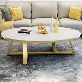 HanDpi Couchtisch aus Kunstmarmor und Stein mit gekreuzten Beinen – ovaler Cocktailtisch aus nordischem Schiefer für das Wohnzimmer – weiß/graue Platte, Goldener Fuß – 39,5" L x 19,5" B x 18" H