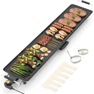 100cm Extra große elektrische Grillplatte, tragbarer Teppanyaki-Grill mit 2 Kochflächen, 4-stufiger Thermostatsteuerung und abnehmbarer Tropfschale - Schwarz