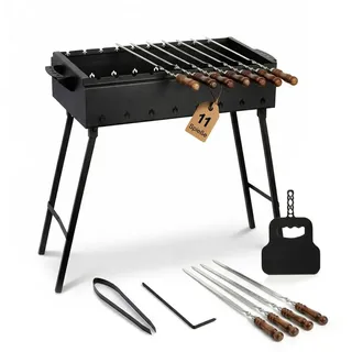 BIG-PAN Grillbesteck-Set Mangal Klappbar Holzkohlegrill 11 Spieße 2mm Stahl 70x33cm Schaschlik, (Mangalgrill, Schaschlikgrill zerlegbar), Outdoor Kohlegrill Picknick Garten