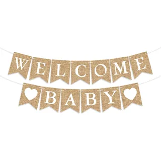 Welcome Home Baby Banner Vintage Leinen Girlande, Willkommen Zuhause Baby Deko Unisex Braun 80x66cm Wandmontage, Rustikale Sackleinen Wimpelkette Flaggen für Baby Bunte Perlen Ohrringe,Cosswe Frau